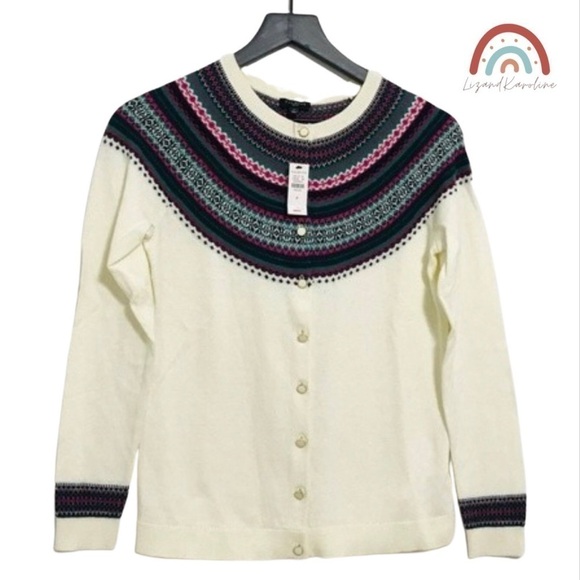 New! Talbots Fair Isle Trim Cardigan Cotton Cashmere Petite Sweater - Picture 3 of 12